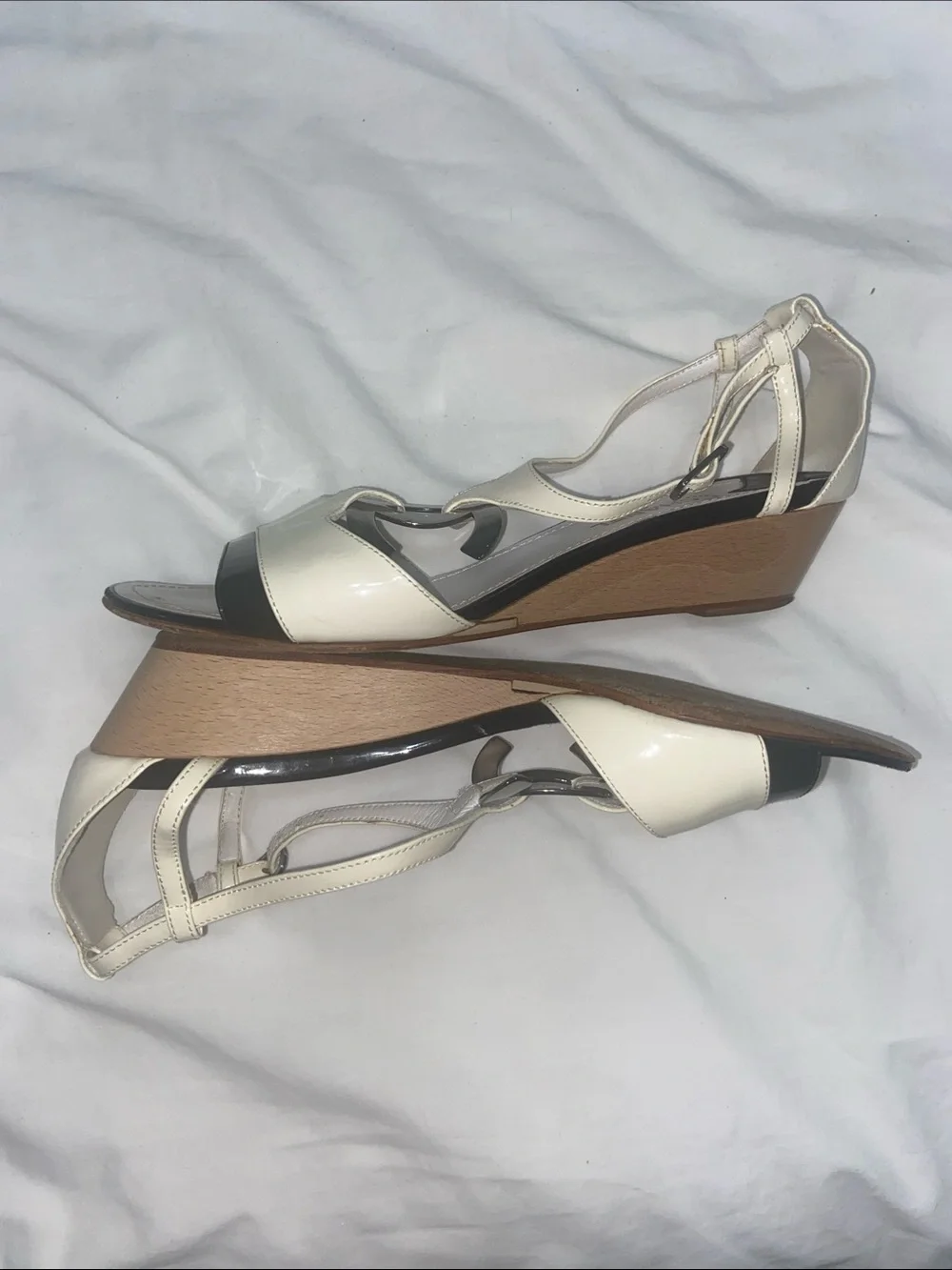CHANEL Ivory and Black Patent Leather T-Strap Sandals